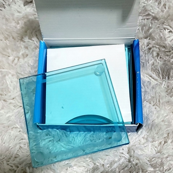 Vintage Bombay Sapphire 4-Piece Square Turquoise Glass Coasters Set - Picture 1 of 9